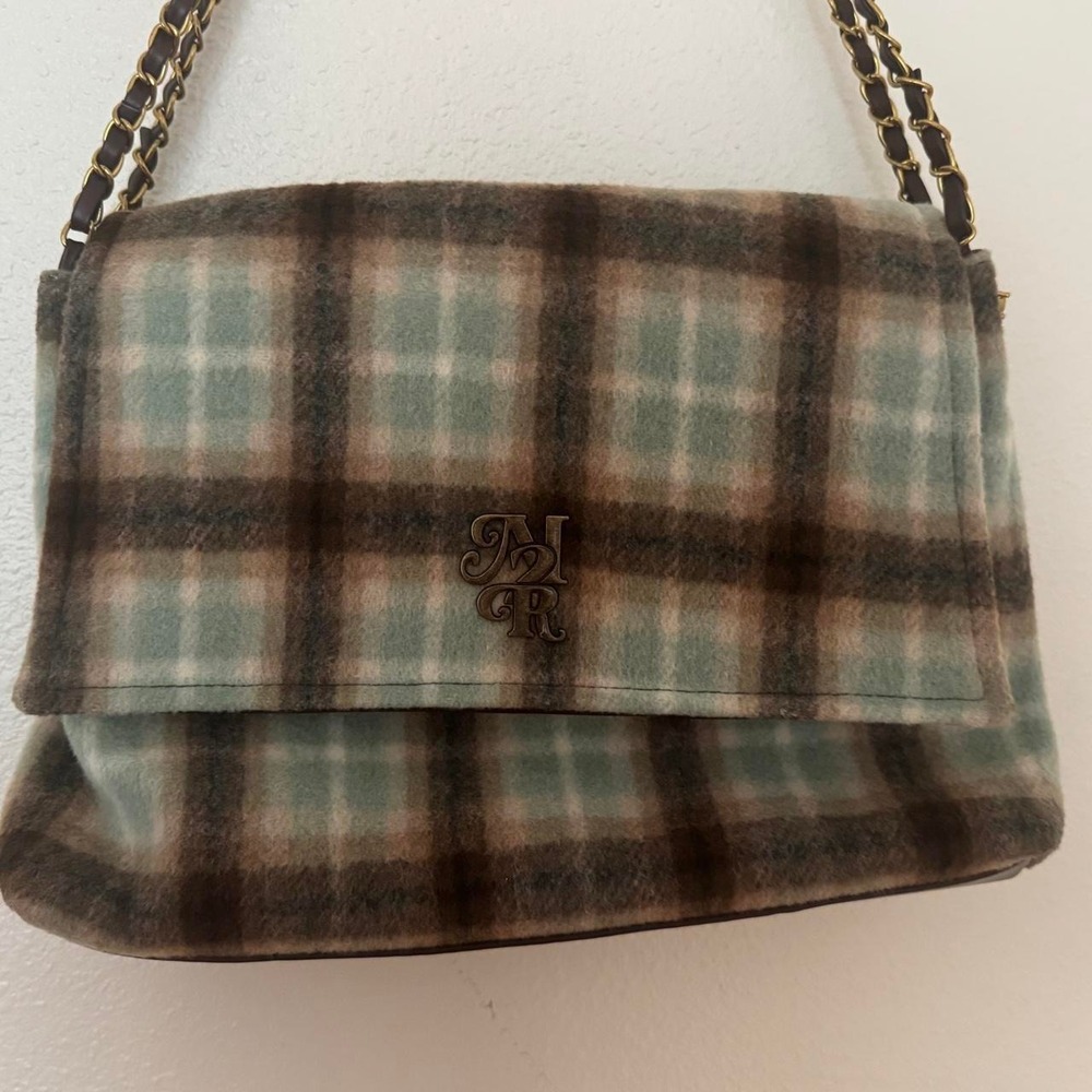Jane & York brown and teal plaid wool blend shoulder bag with chain strap Fall
